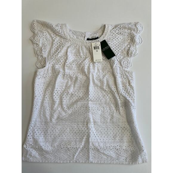 Lauren Ralph Lauren Women's Eyelet Flutter Sleeve White Top Size M NWT - Picture 8 of 10